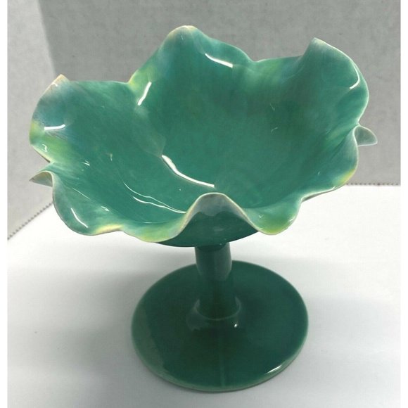 Free Form Opalescent Green Ruffled Edge Pedestal Trinket Bowl Dessert Dish - Picture 10 of 10